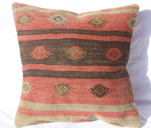 Antique Turkish Kilim Pillow 16x16, Kilim Rug Cushion 16x16