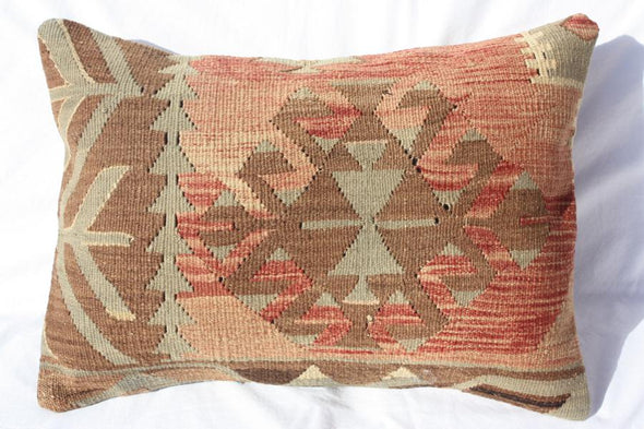 Antique Turkish Kilim Lumbar Pillow 23x16, Kilim Rug Lumbar Cushion Cover 23x16