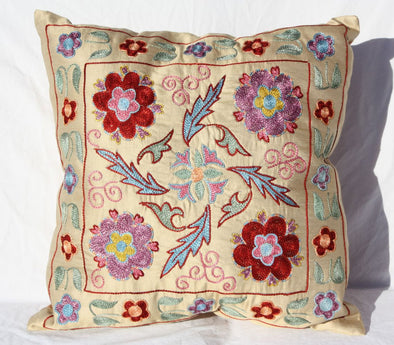 Silk Suzani Pillow 18x18, Suzani Silk on Silk Embroidered Cushion Cover 18x18